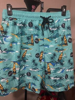Corona Teal Swim Trunks with Tropical Bottle Print
